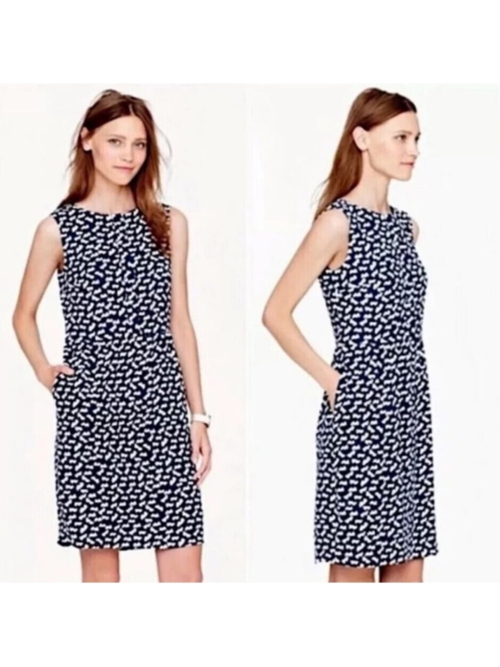 J. Crew Half-Placket Sheath Dress in Navy Blue and White Tossed Hearts Size 0